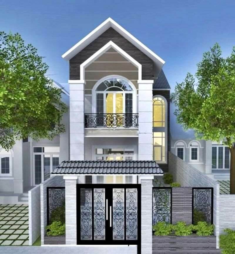 Nhà phố hiện đại 2 tầng với cổng sắt và cây xanh, kiến trúc sang trọng, phong cách châu Âu.