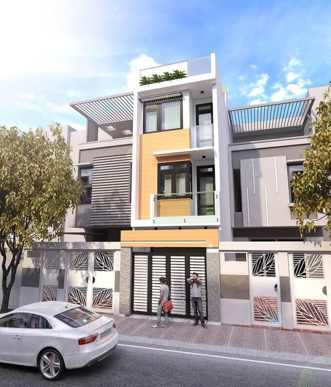 Nhà phố hiện đại ba tầng, mặt tiền thông thoáng với cây xanh và ô tô đỗ trên đường.