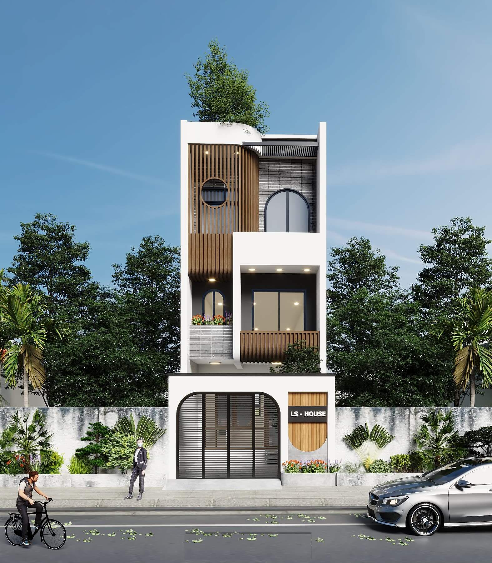 Nhà phố hiện đại 3 tầng, thiết kế sáng tạo với ban công gỗ, cây xanh trên sân thượng, xe đạp và ô tô trước nhà.