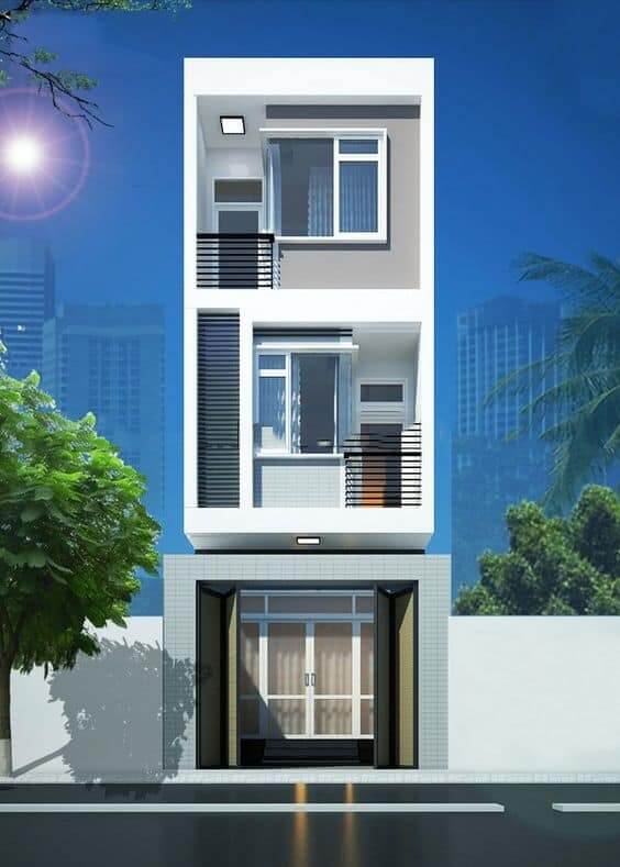 Nhà phố hiện đại ba tầng với mặt tiền kính và ban công, cây xanh bên trái, trời xanh.