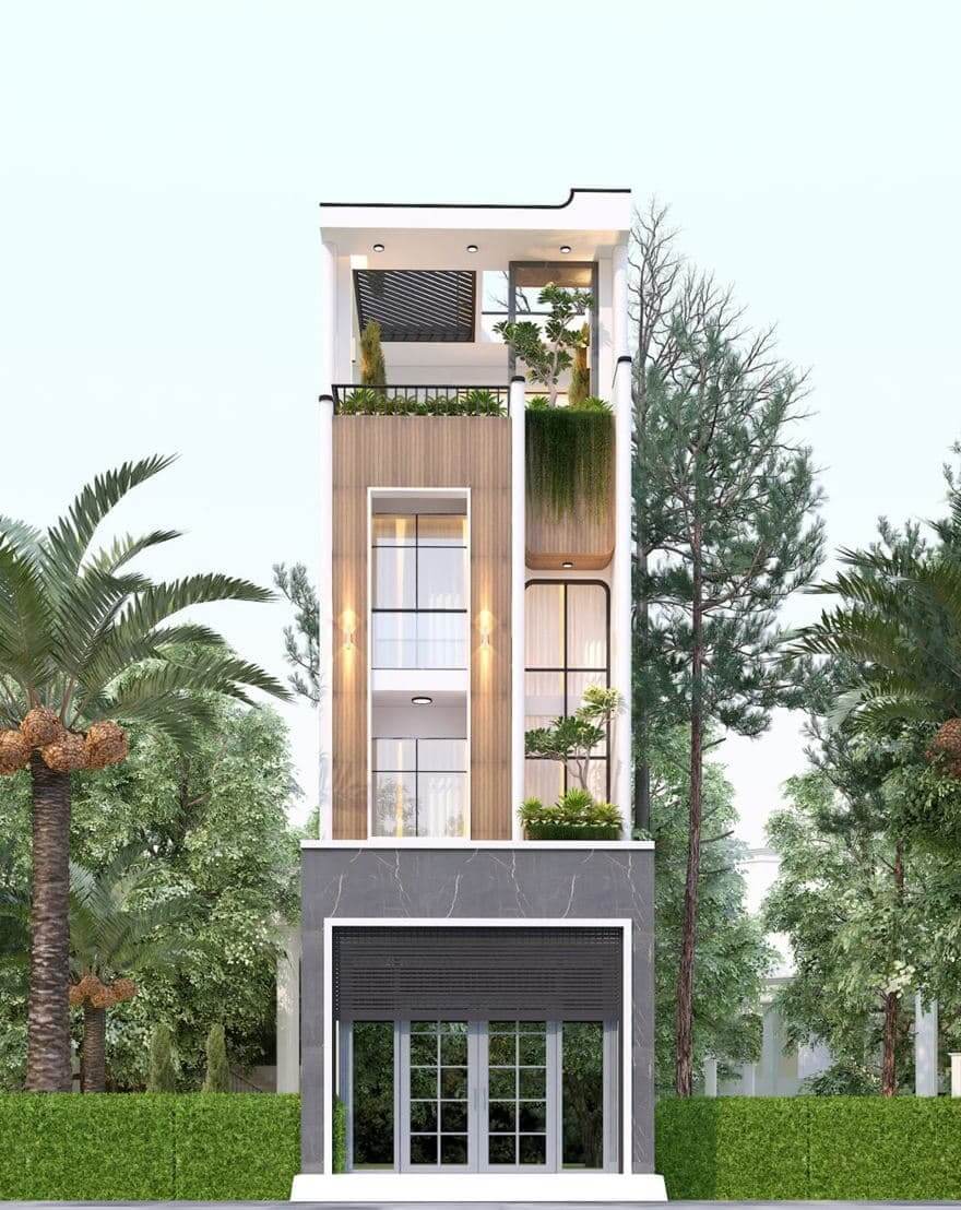 Nhà phố hiện đại 3 tầng với kiến trúc sáng tạo, xen kẽ cây xanh, nổi bật giữa khu vườn cây nhiệt đới.