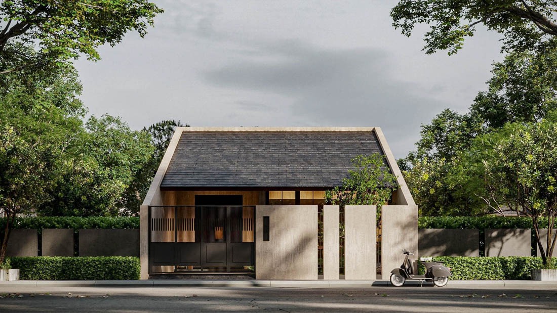 Nhà mái ngói hiện đại giữa cây xanh và chiếc xe máy đậu bên đường, mang phong cách tối giản.
