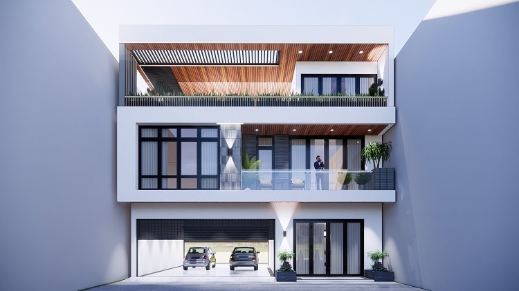 Nhà phố hiện đại 3 tầng với sân thượng xanh và ô tô đậu trong gara.