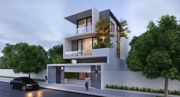 Biệt thự hiện đại với vườn cây xanh và cửa sổ lớn, nằm trên con phố yên tĩnh.