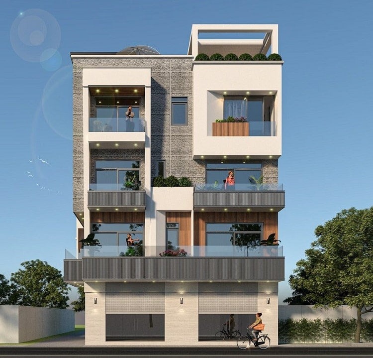 Tòa nhà hiện đại 4 tầng với ban công cây xanh, nền trời xanh lam, người đạp xe trên đường.