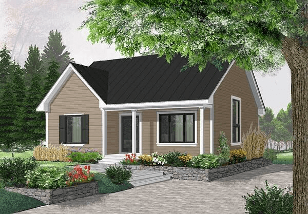 thiet-ke-nha-tien-che-mot-mai-dien-tich-30m2-2 Ngôi nhà nhỏ dưới tán cây xanh, với vườn hoa xinh đẹp và lối đi lát đá, tạo không gian sống thân thiện.