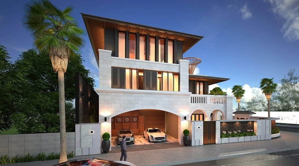 Biệt thự hiện đại với ba tầng, cửa kính lớn, hai xe hơi, cây cọ và bầu trời xanh.