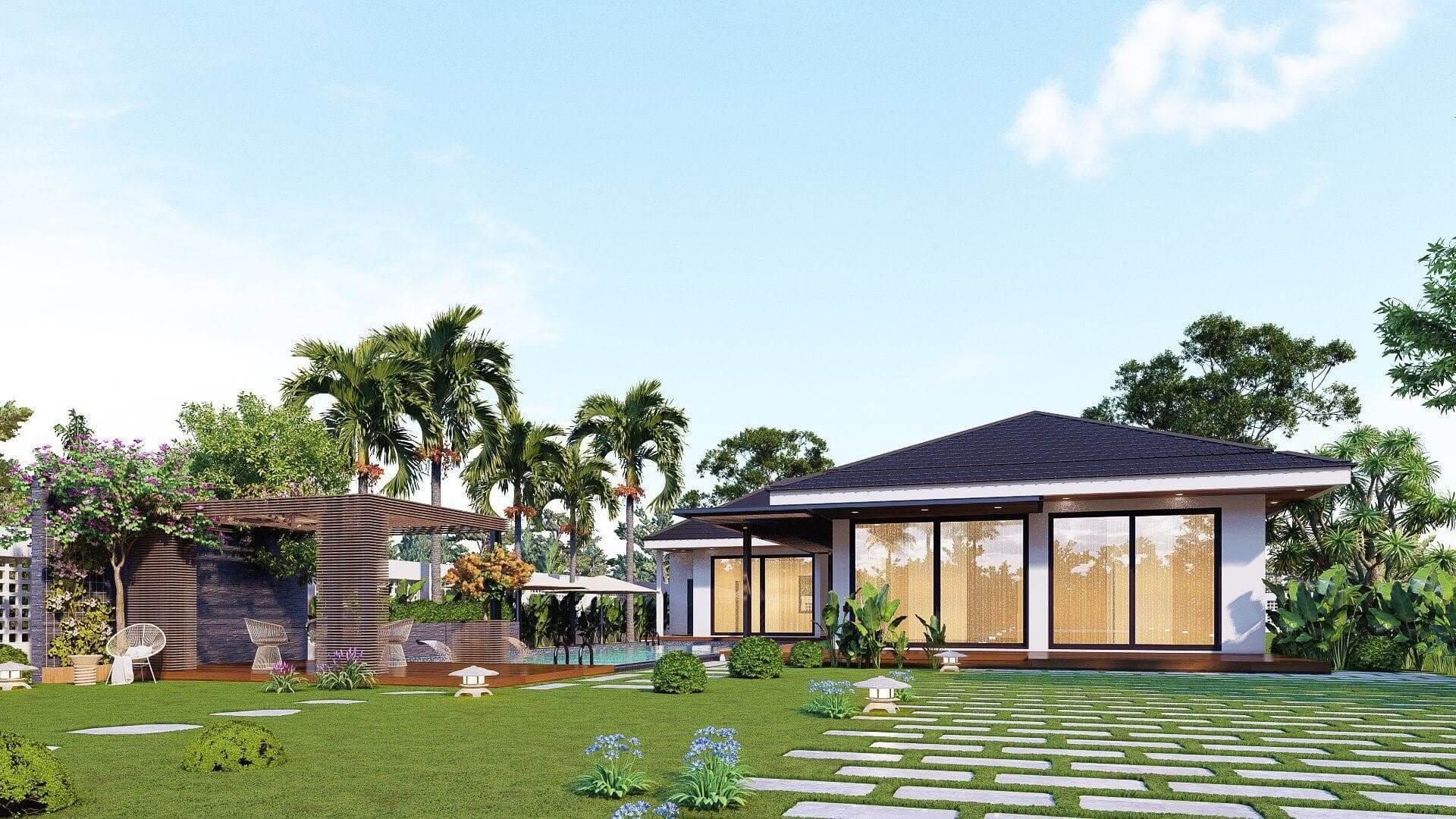 Nhà vườn hiện đại với mái ngói, sân cỏ xanh, cây cối và lối đi lát đá, kiến trúc mở thoáng đãng, phong cách thiên nhiên.