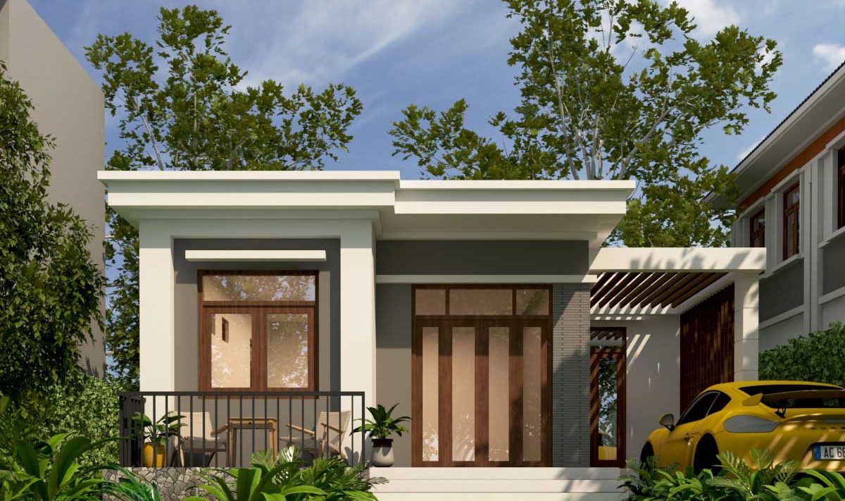 thiet-ke-nha-vuong-10x10-1-tang Nhà một tầng hiện đại với cửa kính lớn, xe ô tô màu vàng đậu bên cạnh và cây xanh xung quanh.