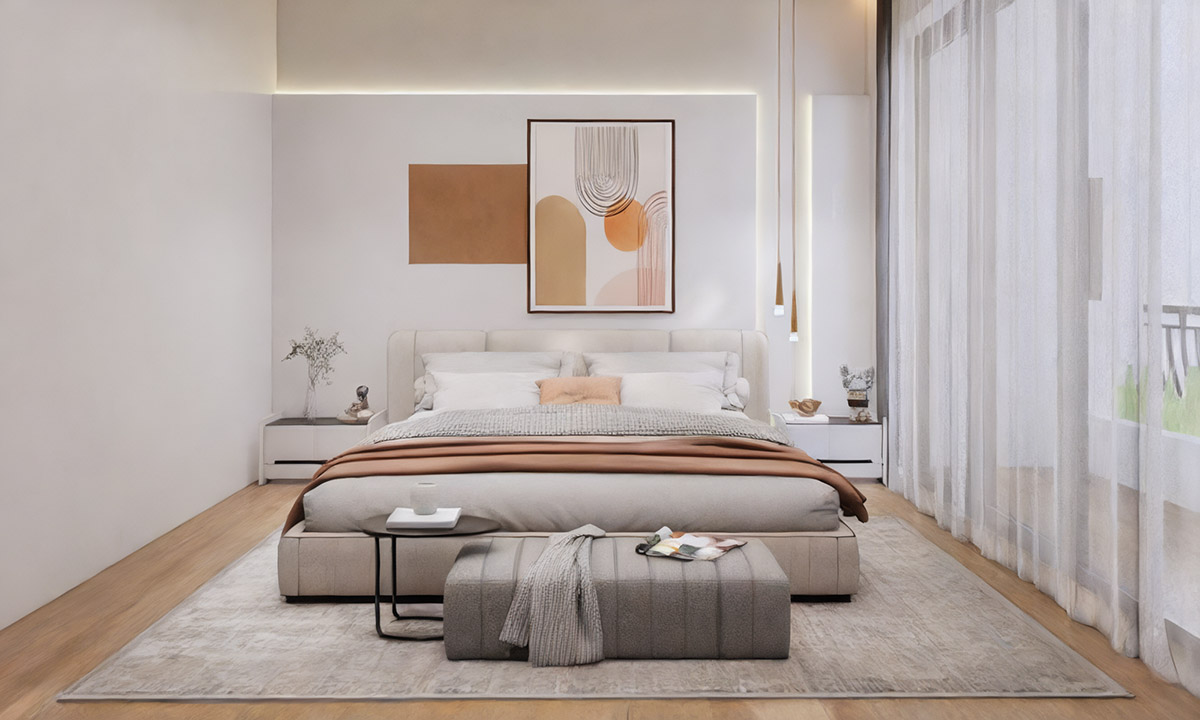 thiet-ke-nha-vuong-10x10-7-1 Phòng ngủ hiện đại với giường thoải mái, nội thất tinh tế và ánh sáng tự nhiên qua rèm cửa trắng.