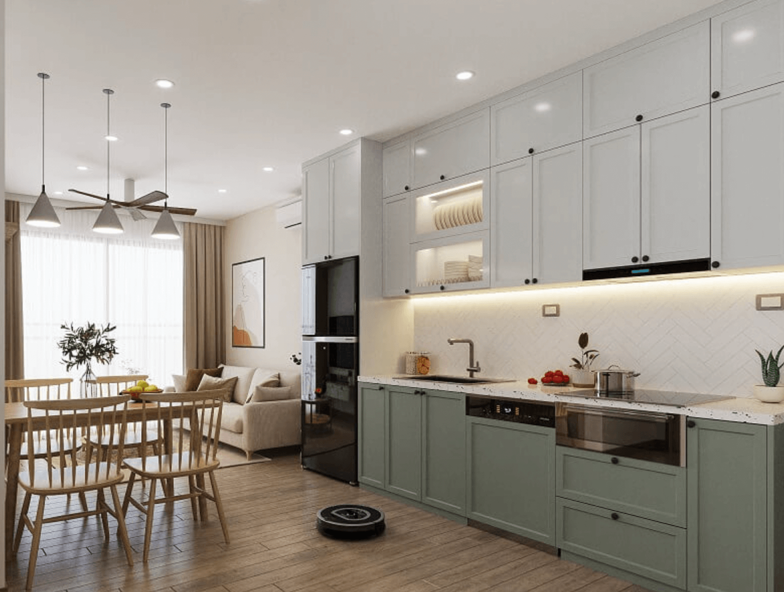 Phòng bếp hiện đại với tủ trắng, bàn ăn gỗ và robot hút bụi trên sàn gỗ màu nâu sáng.