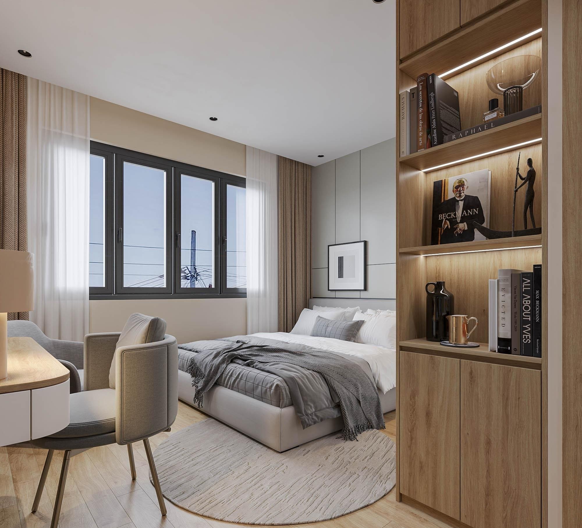 Phòng ngủ hiện đại với giường đôi, cửa sổ lớn, và kệ sách gỗ, ánh sáng tự nhiên tràn ngập.