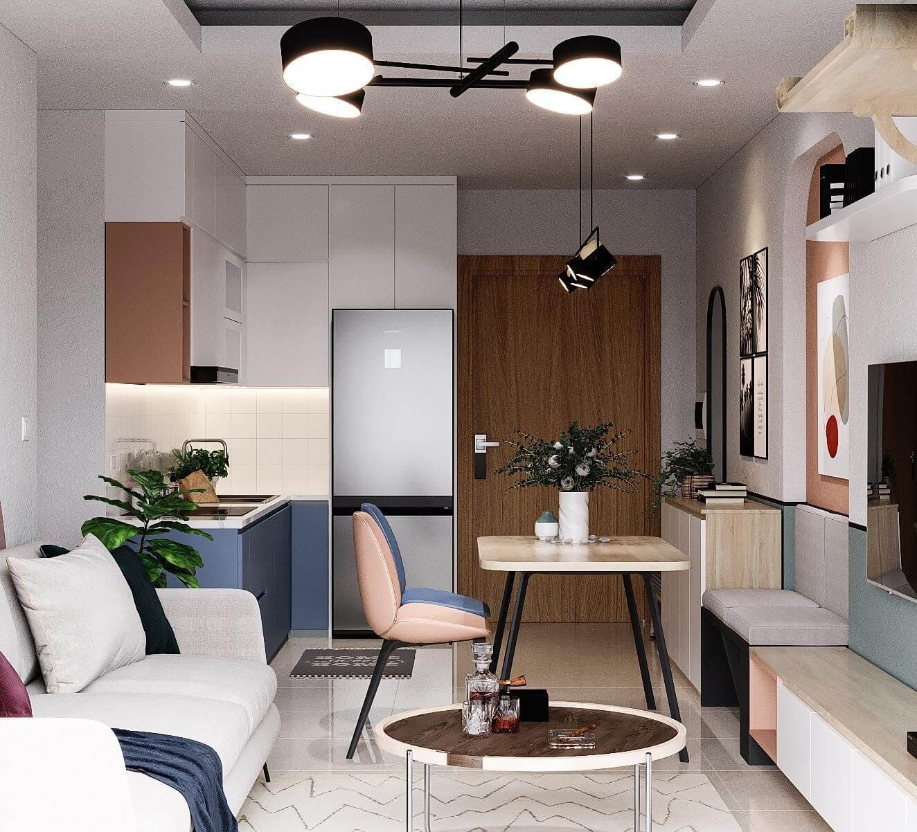 Phòng khách hiện đại với nội thất gỗ, sofa trắng, đèn trang trí và bàn ăn nhỏ gọn.