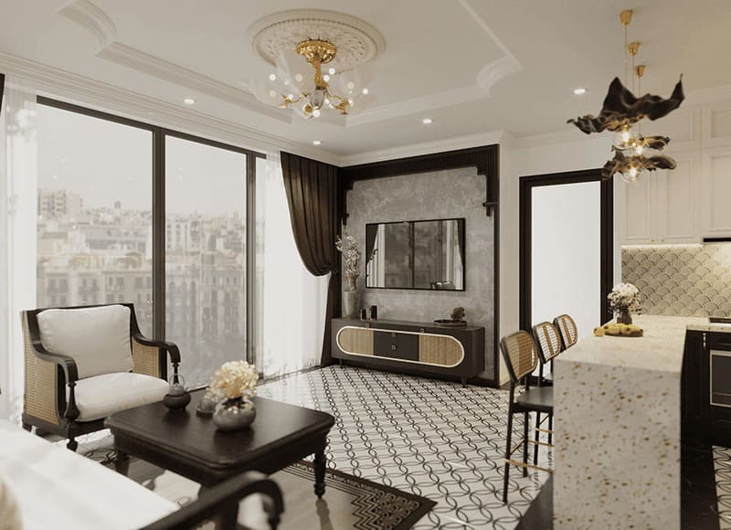 Phòng khách cổ điển với cửa sổ lớn, trần thạch cao và nội thất sang trọng, tinh tế.