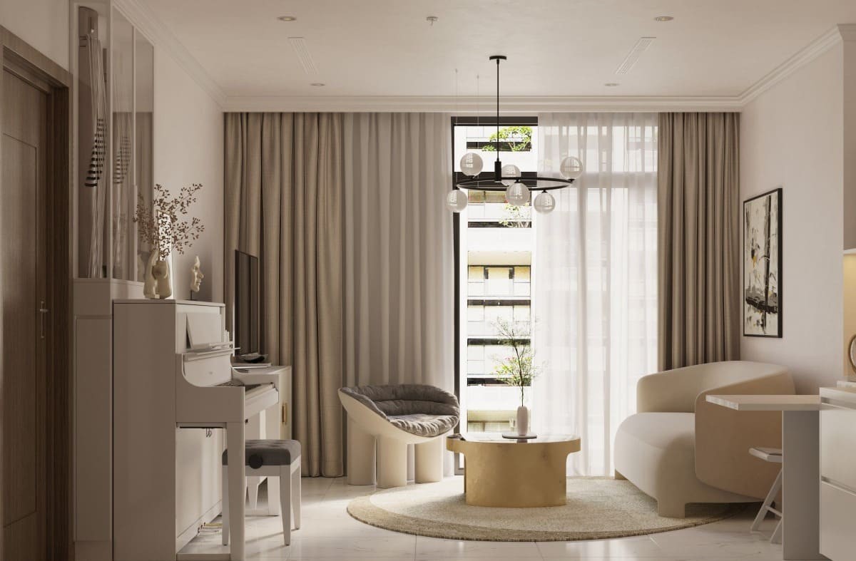 Phòng khách hiện đại, trang trí tối giản với bàn tròn, ghế sofa, dương cầm, đèn treo và rèm cửa lớn.