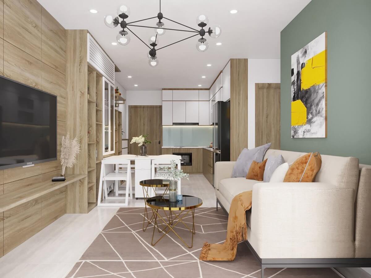 Phòng khách hiện đại với nội thất gỗ, tranh tường màu vàng-xám, và sofa sáng màu.