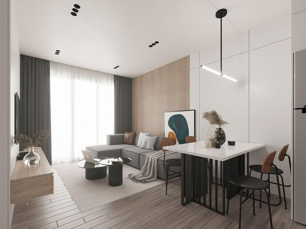 Phòng khách hiện đại với sofa xám, bàn ăn trắng, và rèm cửa dài, thiết kế ánh sáng tinh tế.