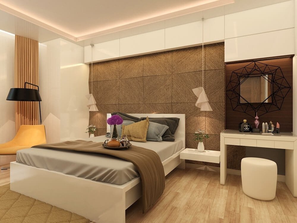 Phòng ngủ hiện đại với giường đôi, đèn đứng, và bàn trang điểm; trang trí tinh tế và ấm cúng.