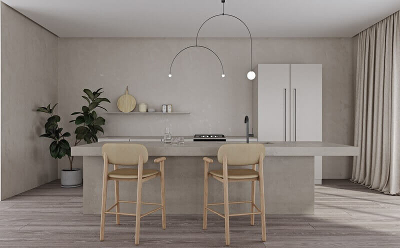 Phòng bếp hiện đại với nội thất tối giản, ghế gỗ, cây xanh và ánh sáng mềm mại.