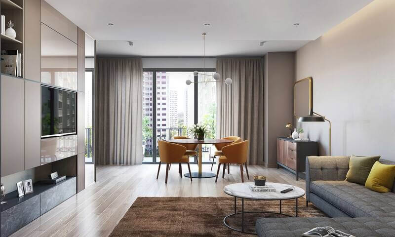 Phòng khách hiện đại với sofa xám, bàn tròn, cửa sổ lớn, bàn ăn và đèn trang trí.