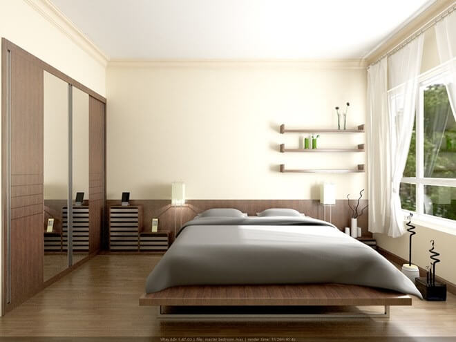 Phòng ngủ hiện đại với giường gỗ, tủ gương, ánh sáng tự nhiên từ cửa sổ lớn, trang trí tối giản và thanh lịch.