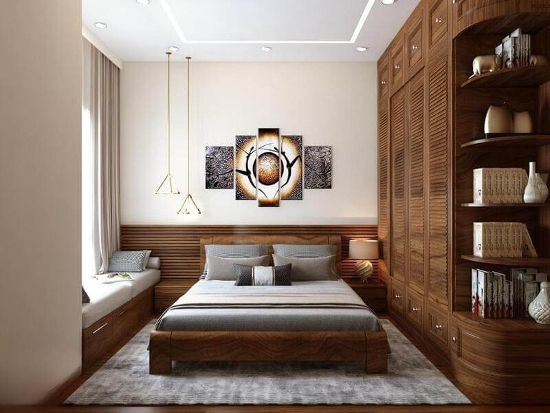 Phòng ngủ hiện đại với nội thất gỗ sang trọng, tranh nghệ thuật và ánh sáng tự nhiên.