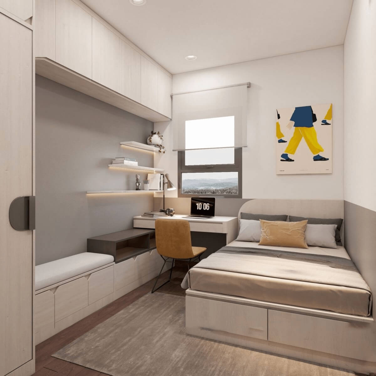 thiet-ke-noi-that-phong-ngu-chung-cu-45m2-2 Phòng ngủ hiện đại với bàn làm việc, giường và cửa sổ thoáng đãng, trang trí đơn giản và sáng sủa.