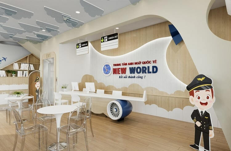 Trung tâm Anh ngữ quốc tế New World với không gian sáng tạo và hiện đại, mang phong cách sân bay hấp dẫn.