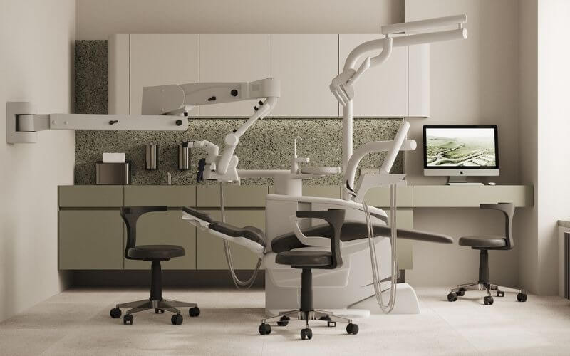 Phòng khám nha khoa hiện đại với trang thiết bị tiên tiến và ghế nha khoa chuyên nghiệp.