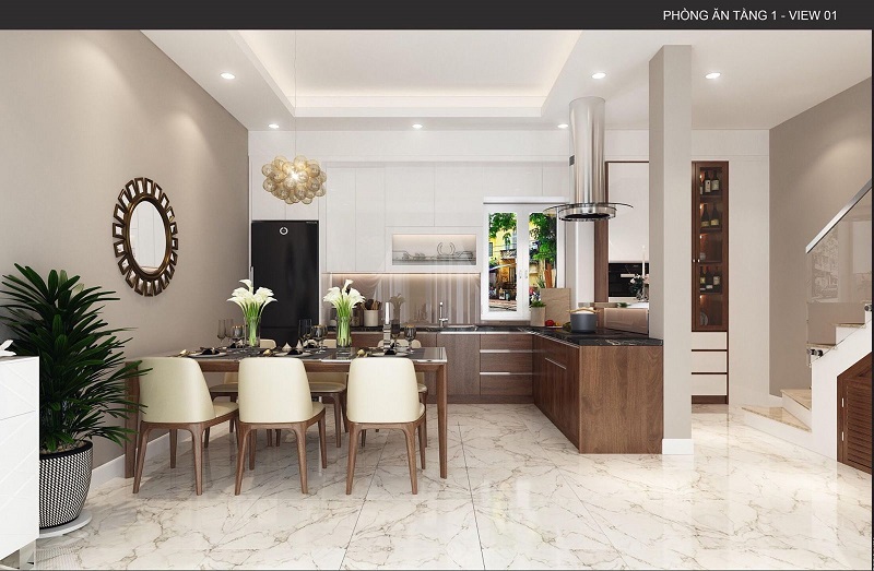 Gian bếp hiện đại với bàn ăn gỗ, ghế trắng, nội thất sang chảnh và ánh sáng tự nhiên chiếu qua cửa sổ.