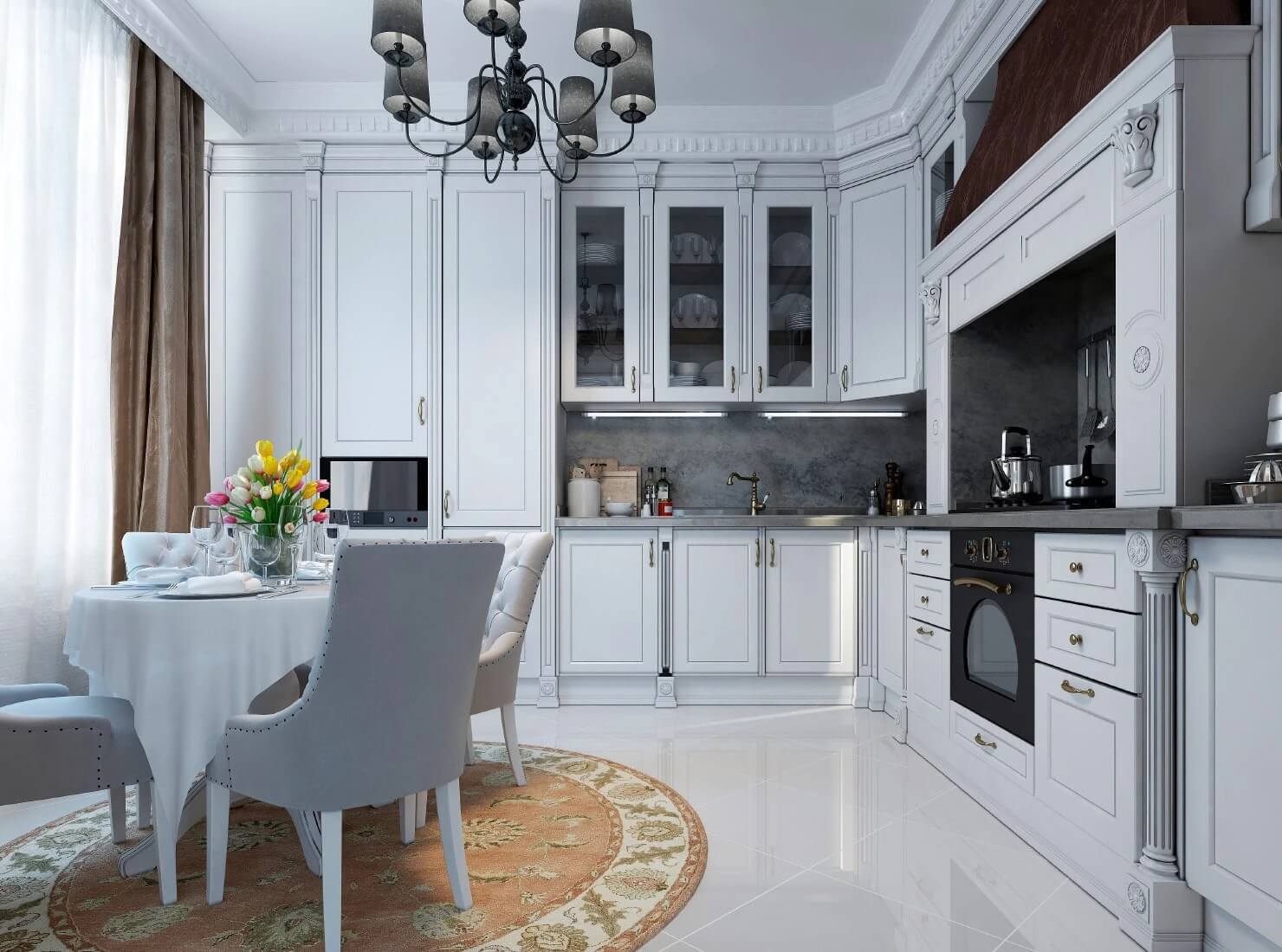 Nhà bếp tân cổ điển với bàn ăn tròn, ghế xám, tủ trắng, và đèn chùm sang trọng.