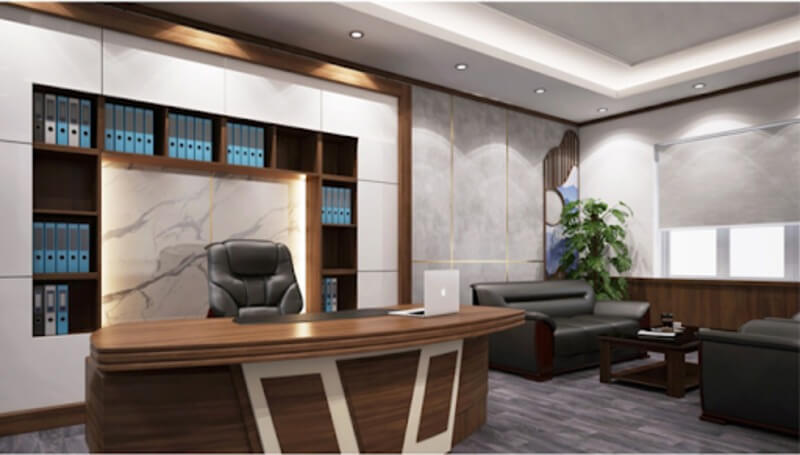 thiet-ke-phong-giam-doc-vua-va-lon Văn phòng hiện đại với bàn làm việc gỗ và ghế da, kệ sách, ánh sáng tự nhiên từ cửa sổ, cây xanh trang trí.