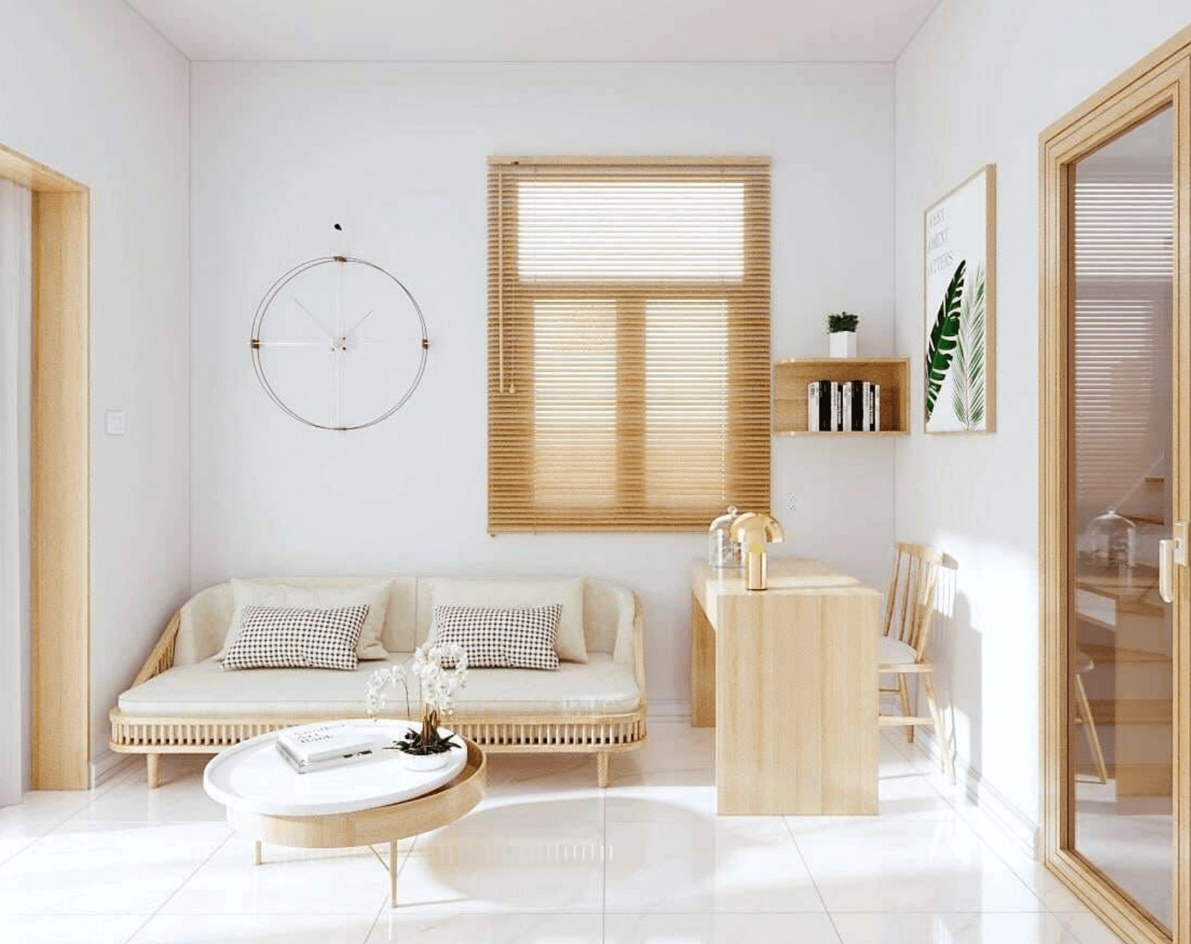 Phòng khách tối giản với nội thất gỗ sáng, sofa trắng và bàn trà tròn, tạo cảm giác ấm cúng và hiện đại.