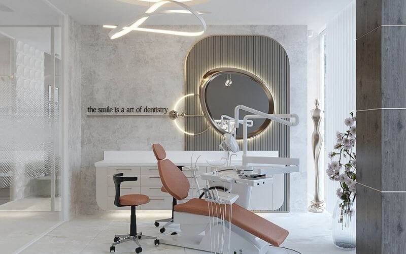 thiet-ke-phong-kham-nha-khoa-phoi-mau-sac-tuoi-tre-5 Phòng khám nha khoa hiện đại với ghế nha khoa và ánh sáng thiết kế.