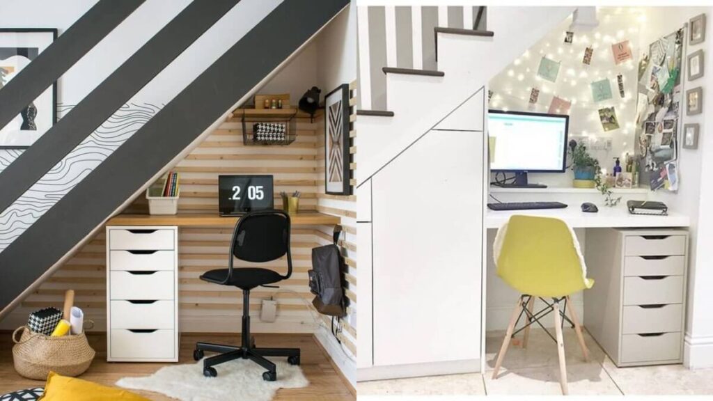 Góc làm việc dưới gầm cầu thang hiện đại, tối ưu không gian với bàn làm việc nhỏ gọn và giá sách.
