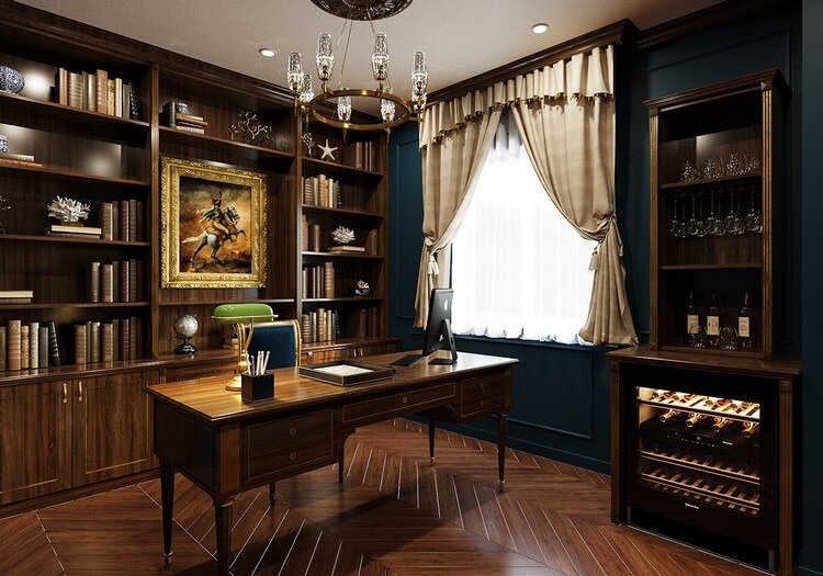 Văn phòng sang trọng với bàn gỗ, giá sách lớn, tranh treo tường và cửa sổ sáng.