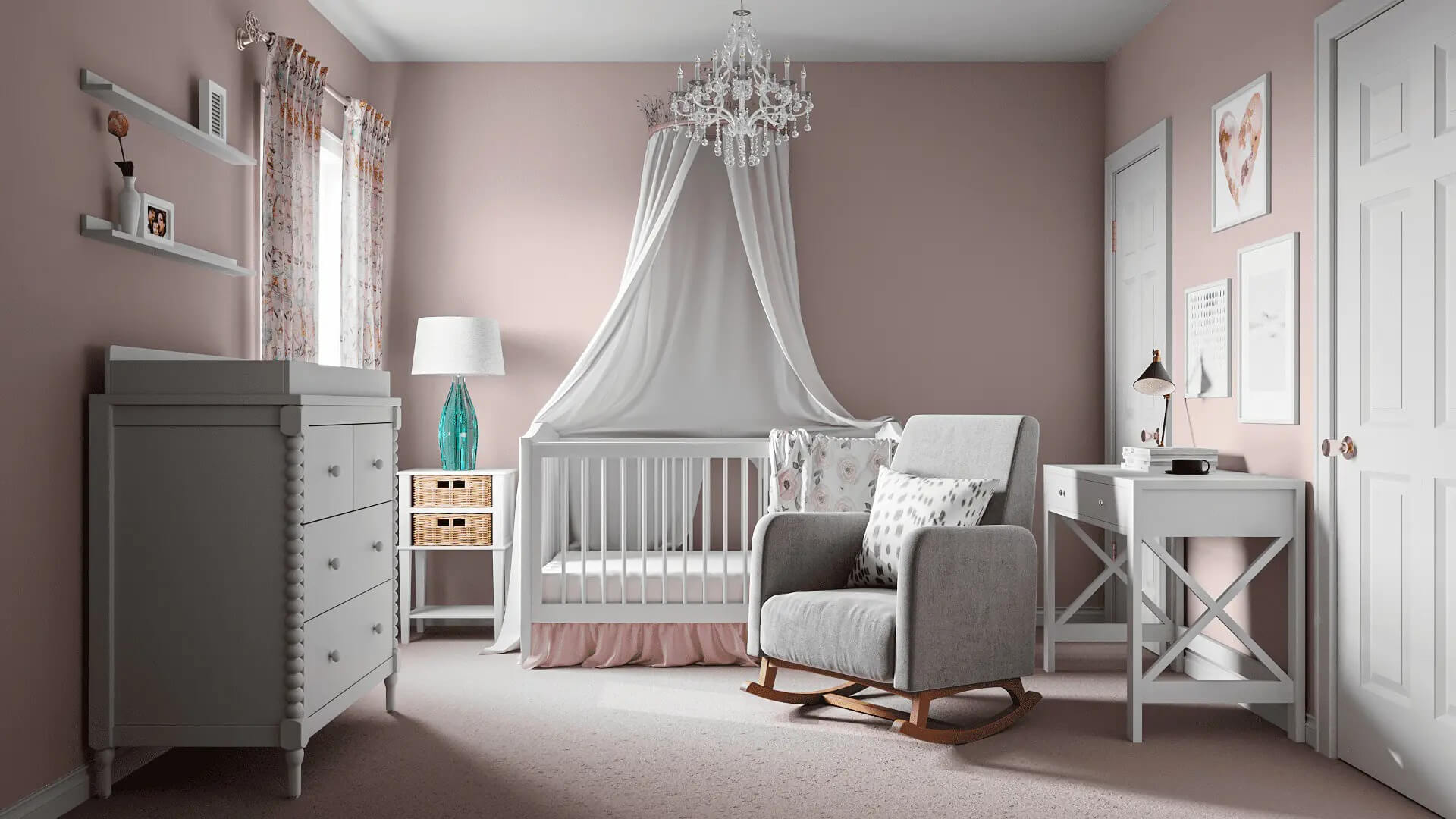 Phòng trẻ em màu hồng nhạt với cũi, ghế bập bênh, đèn chùm và bàn nhỏ trang trí tinh tế, ấm cúng.