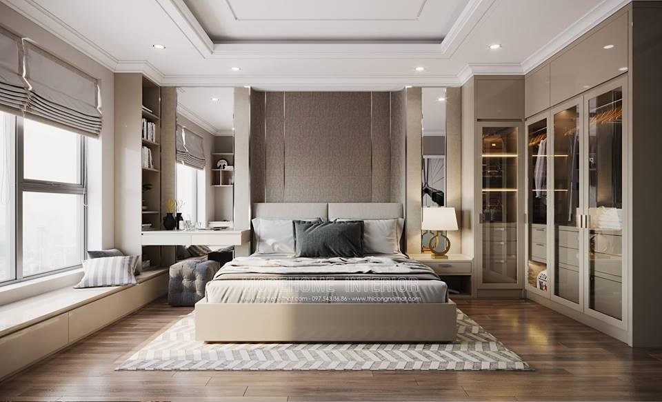 thiet-ke-phong-ngu-30m2-1-1 Phòng ngủ hiện đại với nội thất tối giản, giường lớn, tủ quần áo kính, và cửa sổ lớn.