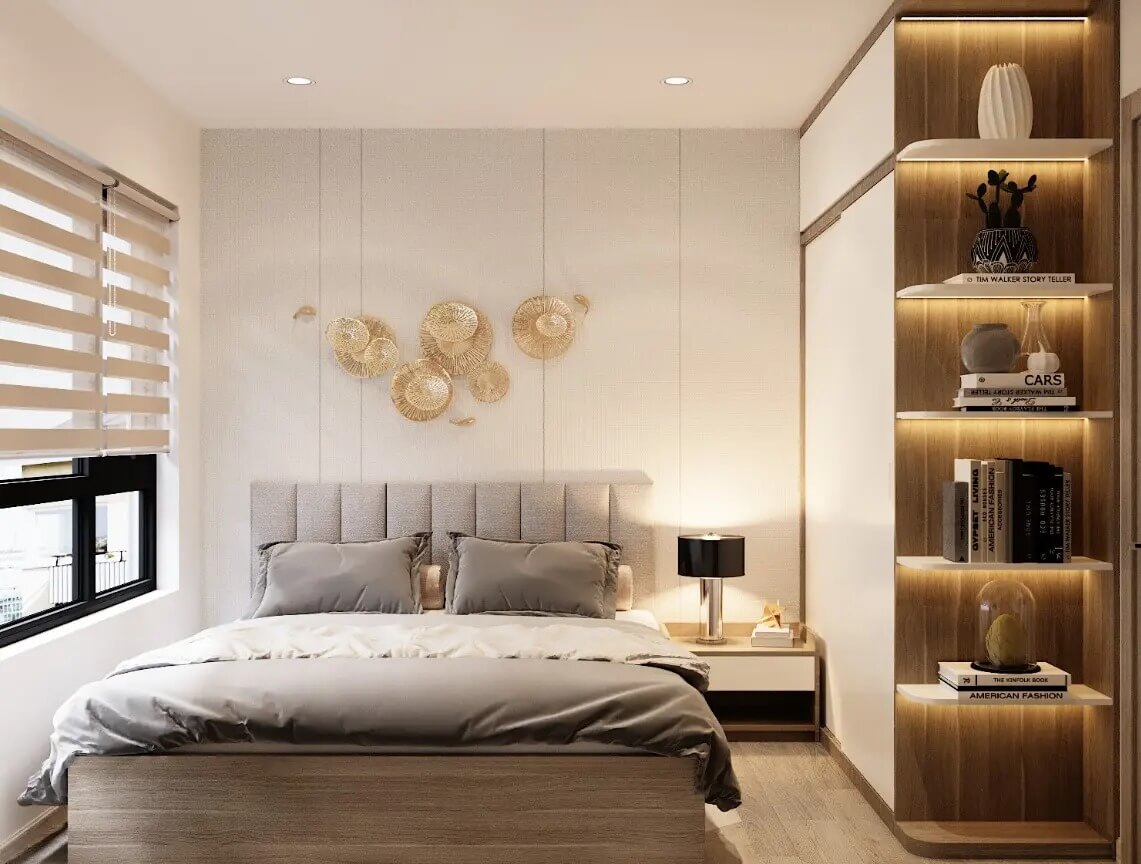Phòng ngủ hiện đại với giường bọc nệm, kệ sách sáng tạo và trang trí tường nghệ thuật.