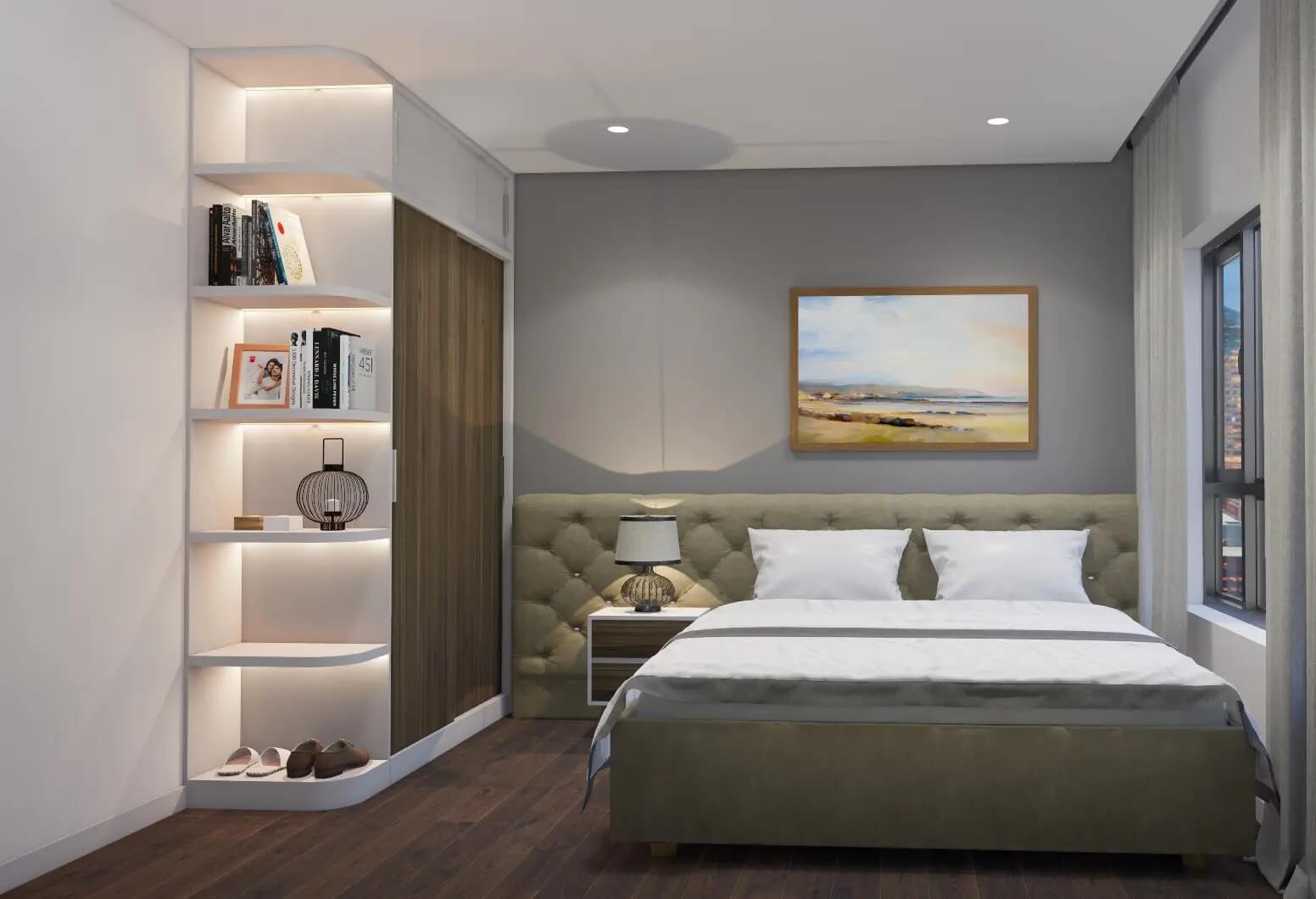 Phòng ngủ hiện đại với giường lớn, tủ sách và tranh treo tường, ánh sáng mềm mại tạo không gian thư giãn.