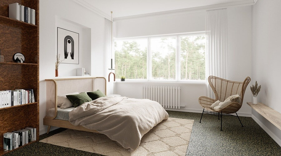 thiet-ke-phong-ngu-ket-hop-hoan-hao-giua-hien-dai-va-scandinavian Phòng ngủ phong cách Bắc Âu với giường gỗ, ghế mây, cửa sổ lớn nhìn ra khu rừng, tông màu trắng và nâu tối giản.