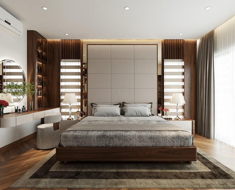 thiet-ke-phong-ngu-khep-kin-15m2-hien-dai-3 Phòng ngủ hiện đại với giường lớn, trang trí gỗ và cửa sổ lớn để ánh sáng tự nhiên.