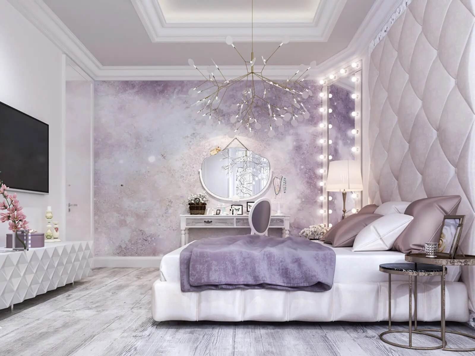 Phòng ngủ hiện đại với tông màu tím, giường sang trọng, đèn trần nghệ thuật và bàn trang điểm.