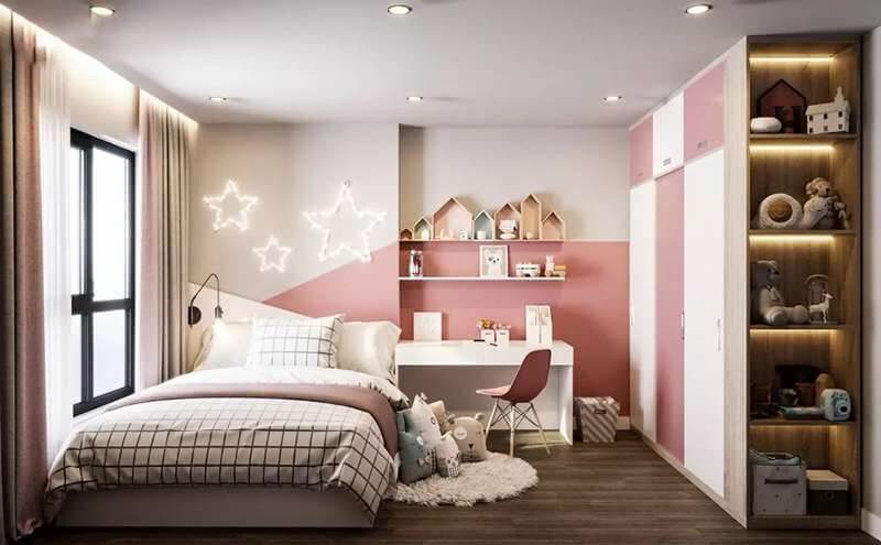 thiet-ke-phong-ngu-nho-15m2-danh-cho-be-gai Phòng ngủ hiện đại với giường đôi, trang trí màu hồng trắng và đèn trang trí hình sao.