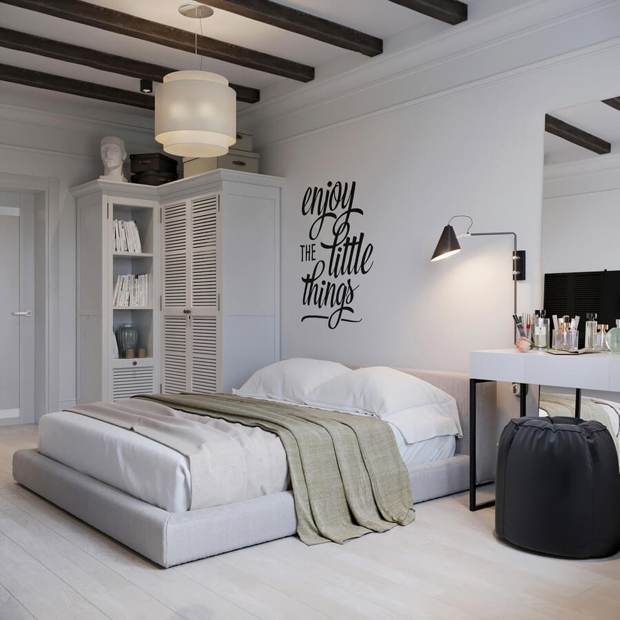 thiet-ke-phong-ngu-phong-cach-scandinavian-mang-ve-dep-truyen-thong-bac-au-2 Phòng ngủ hiện đại với tường trang trí chữ enjoy the little things.
