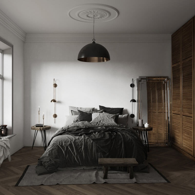 thiet-ke-phong-ngu-phong-cach-scandinavian-thanh-lich-cung-tone-xam-chu-dao-2 Phòng ngủ hiện đại với giường màu xám, ánh sáng tự nhiên và trang trí đơn giản.