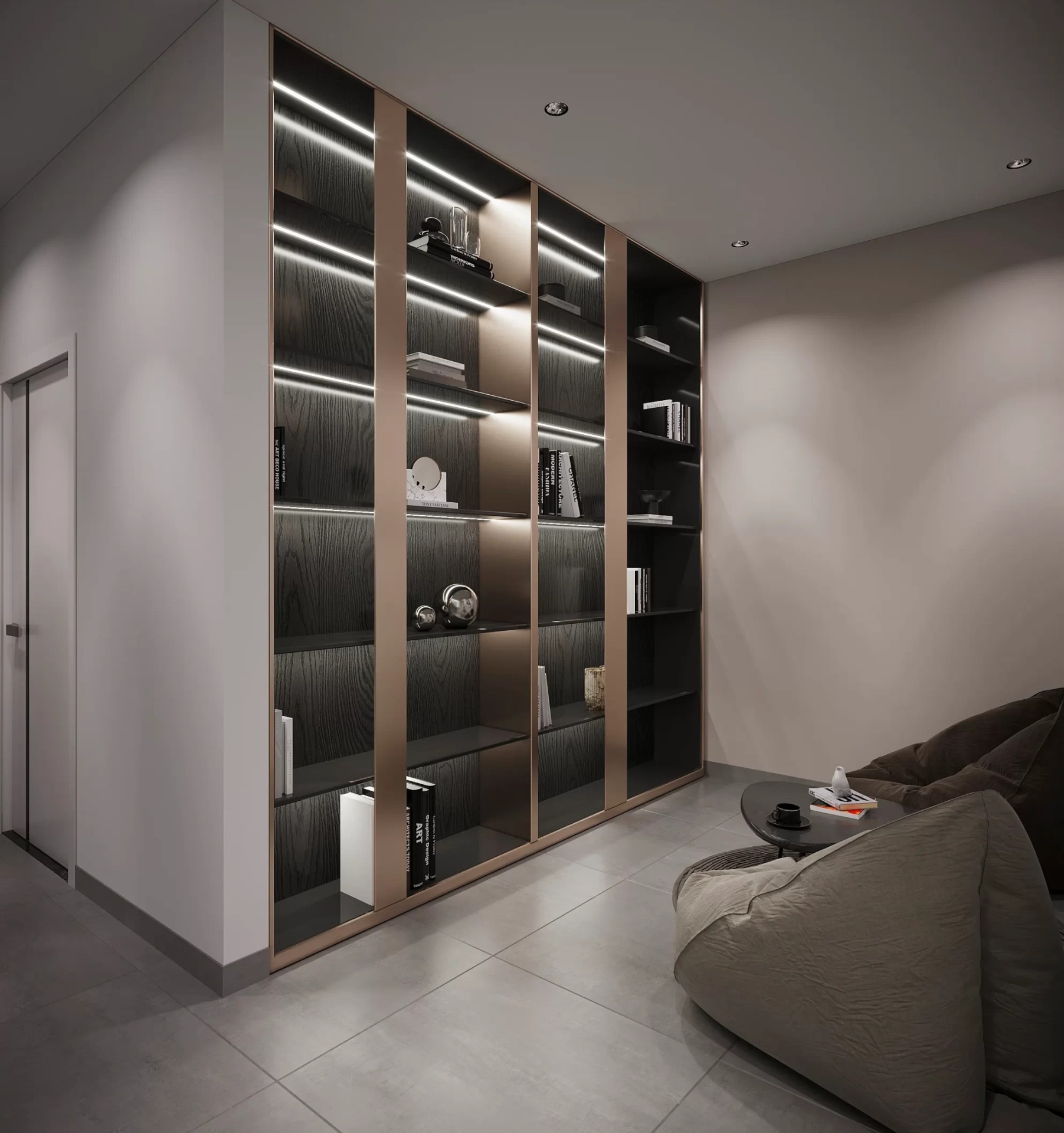 Thiết kế phòng sinh hoạt chung màu trung tính, hài hòa với không gian đọc sách cho gia đình