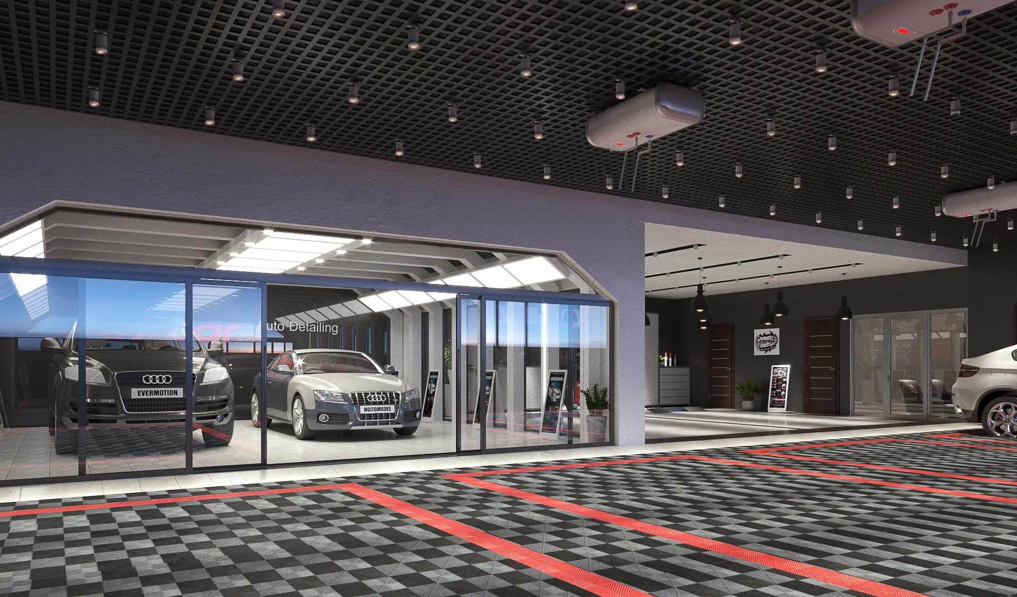 Showroom ô tô hiện đại với hai xe Audi, thiết kế nội thất sang trọng, ánh sáng tinh tế.