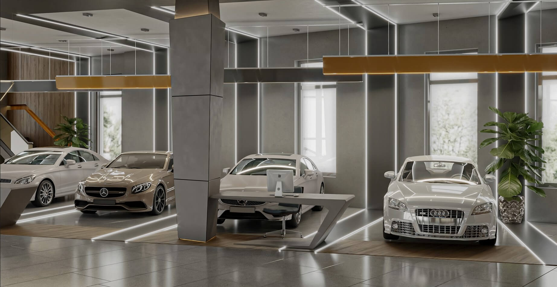 Ba chiếc xe hơi sang trọng trưng bày trong showroom hiện đại với ánh sáng tinh tế và thiết kế nội thất tỉ mỉ.