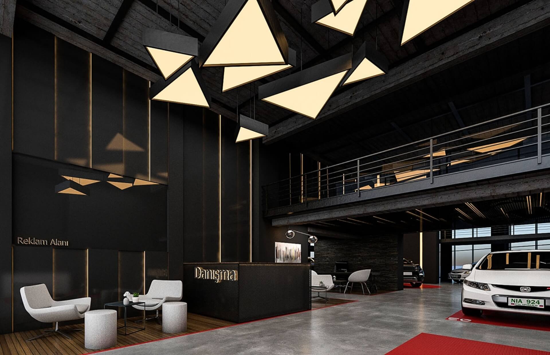 Nội thất showroom ô tô hiện đại với ánh sáng hình học, bàn ghế lịch sự và ô tô trưng bày bên trong.